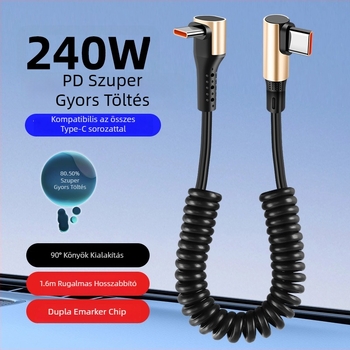 240W-os kettős Type-C adatkábel rugós kialakítással, gyors töltés, univerzális telefonokhoz, tabletekhez és drónokhoz