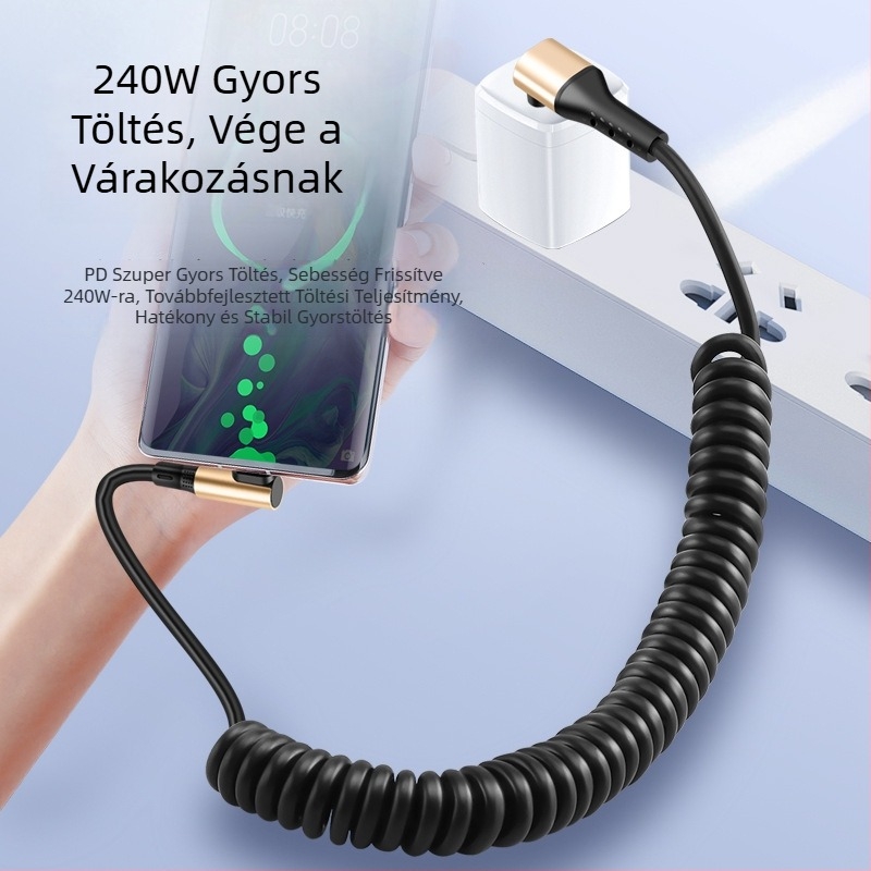 240W-os kettős Type-C adatkábel rugós kialakítással, gyors töltés, univerzális telefonokhoz, tabletekhez és drónokhoz
