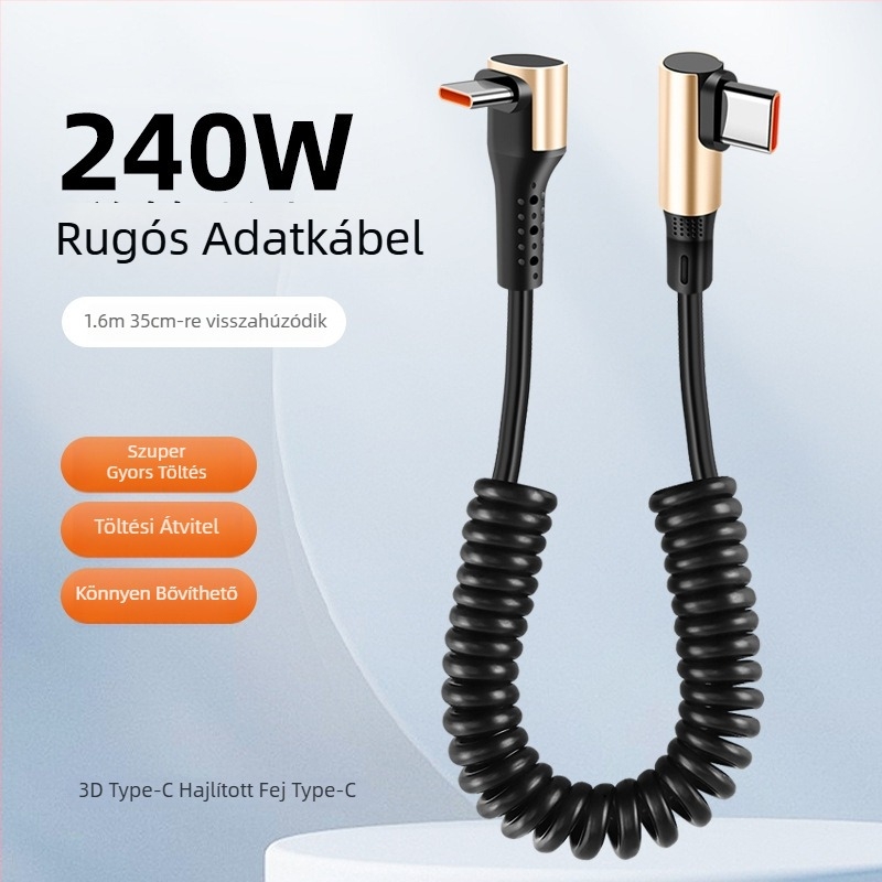 240W-os kettős Type-C adatkábel rugós kialakítással, gyors töltés, univerzális telefonokhoz, tabletekhez és drónokhoz