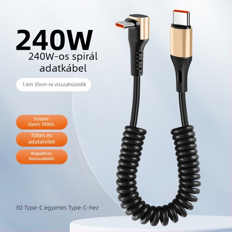 240W-os kettős Type-C adatkábel rugós kialakítással, gyors töltés, univerzális telefonokhoz, tabletekhez és drónokhoz