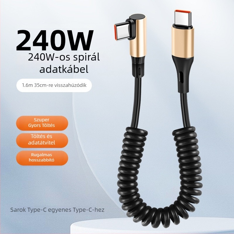 240W-os kettős Type-C adatkábel rugós kialakítással, gyors töltés, univerzális telefonokhoz, tabletekhez és drónokhoz