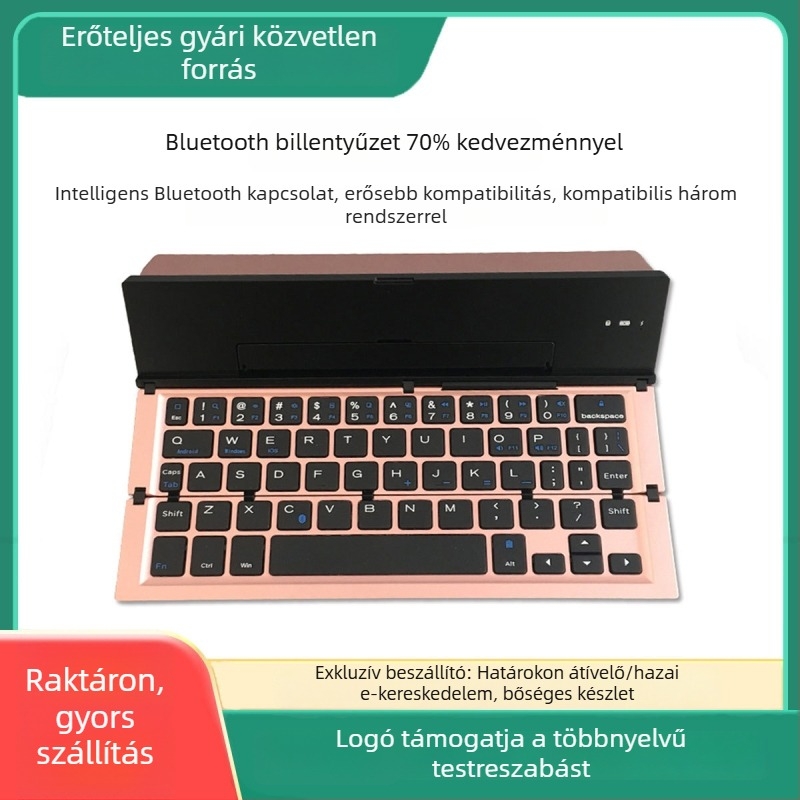 Háromszor összehajtható Bluetooth billentyűzet alumíniumötvözetből, univerzális kompatibilitás iOS/Android/Windows, ergonómikus kialakítás.