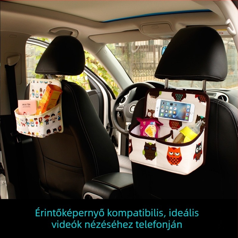 Autó hátsó ülésére szerelhető tároló, vászon anyag, 2000 ml kapacitás, fogantyúval és akasztóval, logó testreszabás lehetséges