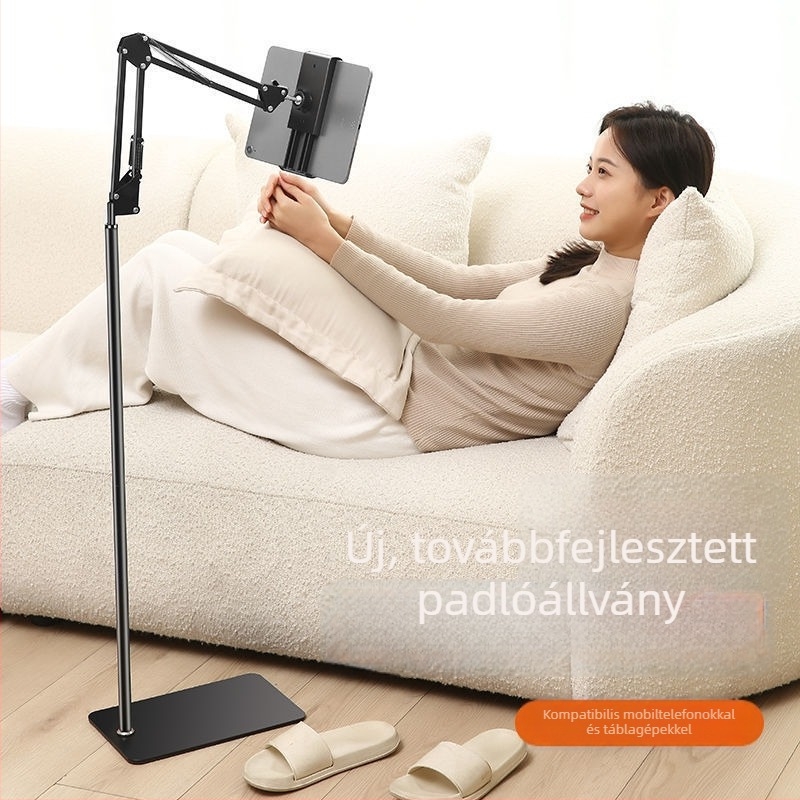 Földön álló, cantilever típusú fém tabletás és telefonos tartó éjjeliszekrényhez, tévé- és számítógép-nézéshez