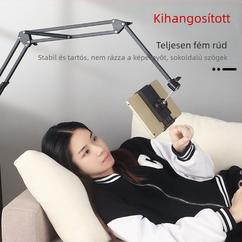 Földön álló, cantilever típusú fém tabletás és telefonos tartó éjjeliszekrényhez, tévé- és számítógép-nézéshez