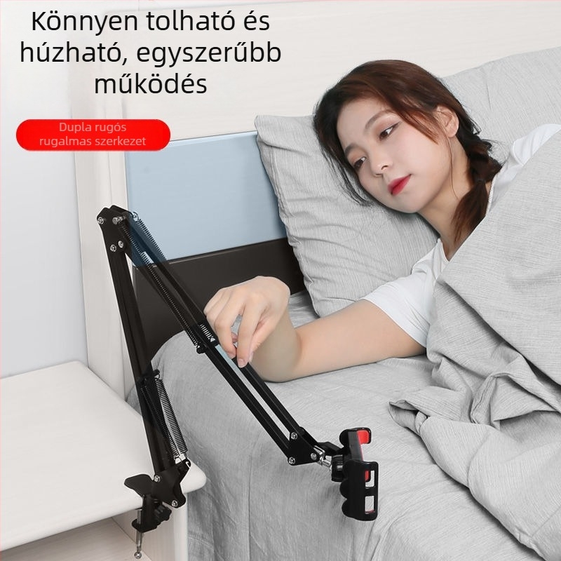 Földön álló, cantilever típusú fém tabletás és telefonos tartó éjjeliszekrényhez, tévé- és számítógép-nézéshez