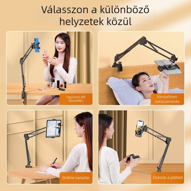Földön álló, cantilever típusú fém tabletás és telefonos tartó éjjeliszekrényhez, tévé- és számítógép-nézéshez