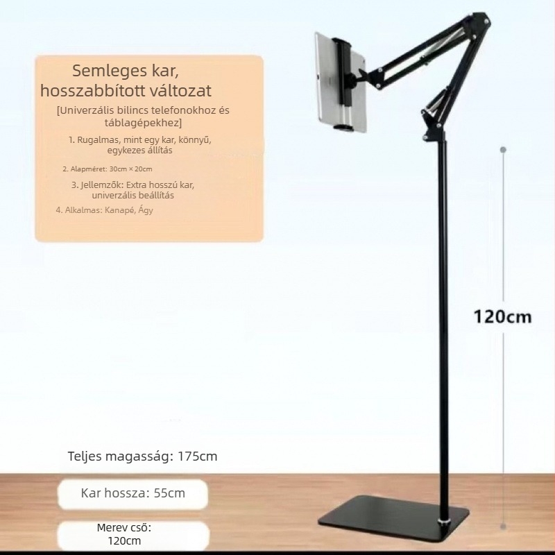 Földön álló, cantilever típusú fém tabletás és telefonos tartó éjjeliszekrényhez, tévé- és számítógép-nézéshez
