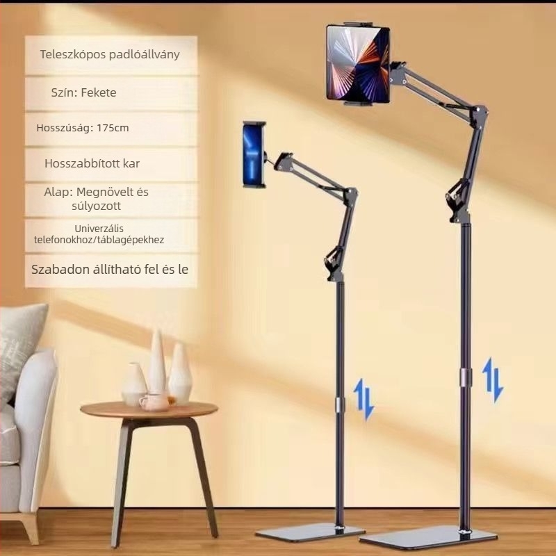 Földön álló, cantilever típusú fém tabletás és telefonos tartó éjjeliszekrényhez, tévé- és számítógép-nézéshez