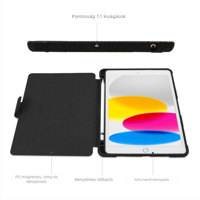 iPad bőrtok mágneses állvánnyal, ütésálló, anti-ujjlenyomat, alvó funkció, anyag PC+TPU+PU