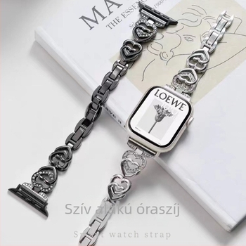 Apple Watchhoz készült fém lánc szíj kettős szív alakú gyémánt-díszítéssel, 18 cm, 12/20/22 mm