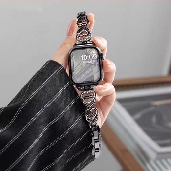Apple Watchhoz készült fém lánc szíj kettős szív alakú gyémánt-díszítéssel, 18 cm, 12/20/22 mm