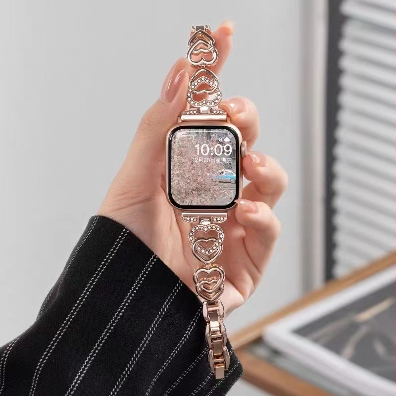 Apple Watchhoz készült fém lánc szíj kettős szív alakú gyémánt-díszítéssel, 18 cm, 12/20/22 mm