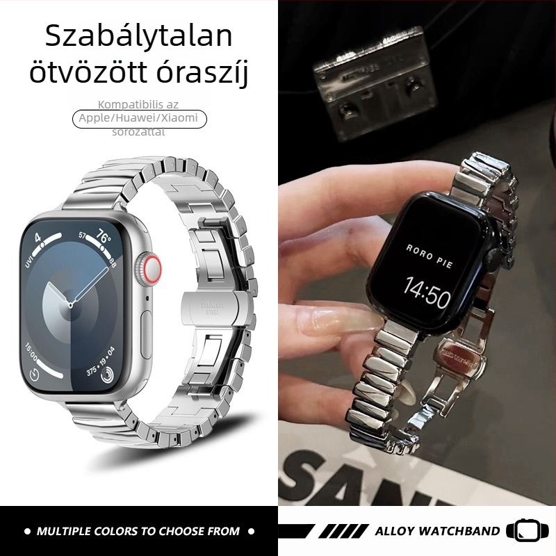 Fém óraszíj Apple iWatch S10, Huawei 11 Pro, Xiaomi 89 Pro, Redmi 6-hoz – 16 cm hosszú, 14 mm szélesség, pillangócsattal, szabálytalan dizájn
