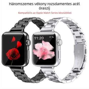 Rozsdamentes acél Apple Watch szíj, iWatch S10 kompatibilis, női fém szíj három gyöngyös mintával és karcsú vonalakkal