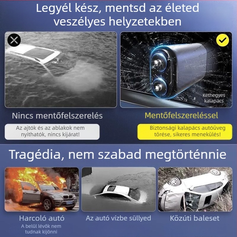 Autóba szerelhető többfunkciós biztonsági kalapács ablakbetörővel és biztonsági öv vágóval, sürgősségi meneküléshez