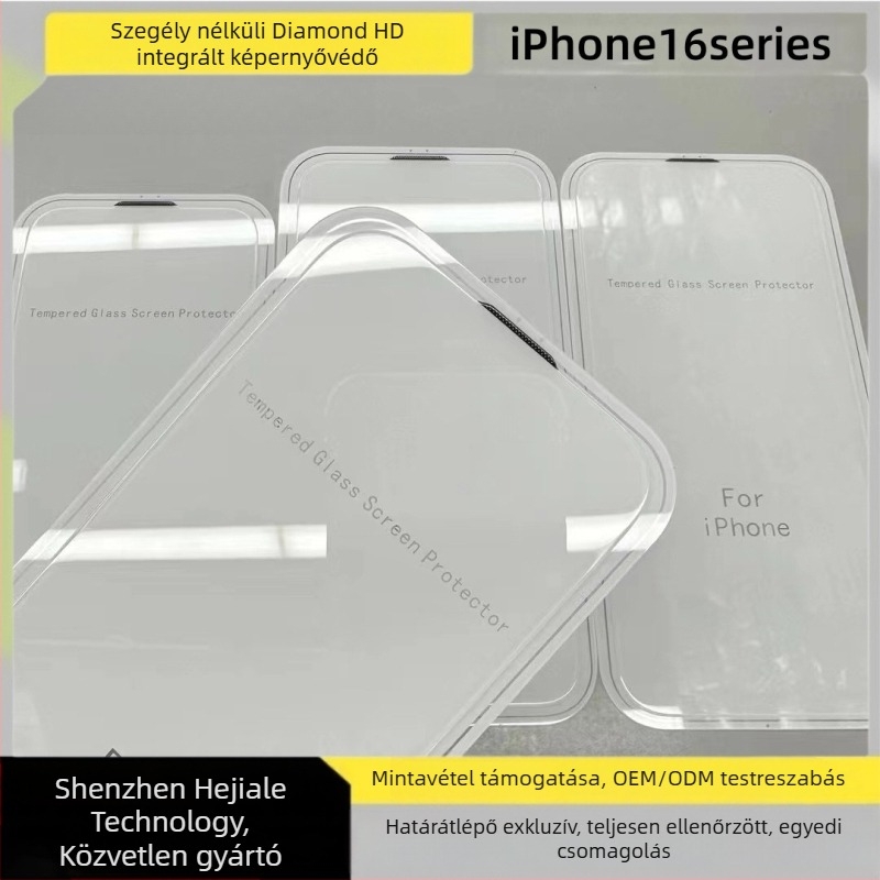 iPhone 17 Pro Edges nélküli gyémánt bevonatú edzett üveg kijelzővédő, IP16Plus, integrált porvédelmi, teljesen átlátszó
