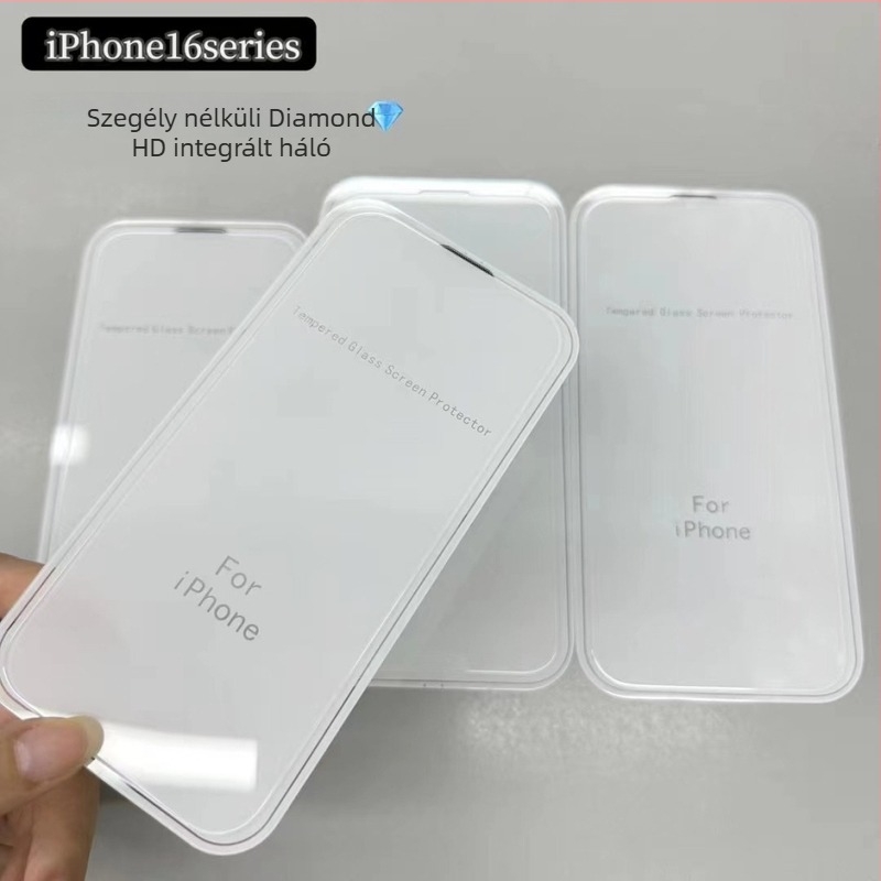 iPhone 17 Pro Edges nélküli gyémánt bevonatú edzett üveg kijelzővédő, IP16Plus, integrált porvédelmi, teljesen átlátszó