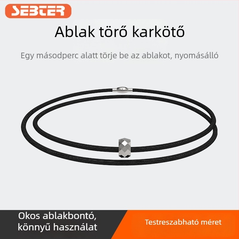 Wolfram acél karkötő elasztikus visszahúzható zsinórral — vészhelyzeti kilépő eszköz és ablakbetörő (105 g)