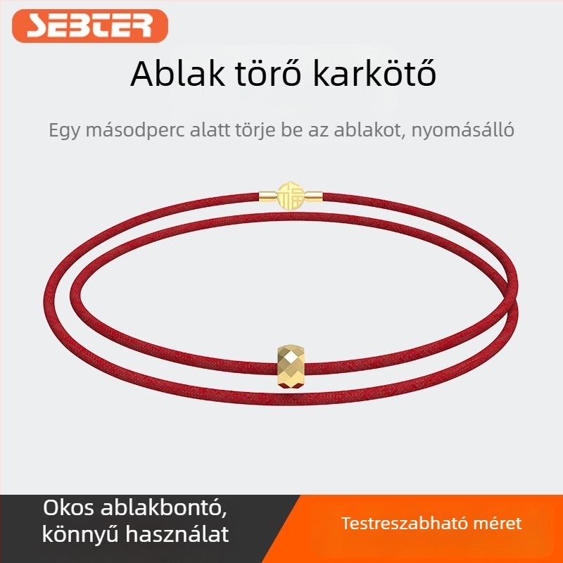 Wolfram acél karkötő elasztikus visszahúzható zsinórral — vészhelyzeti kilépő eszköz és ablakbetörő (105 g)