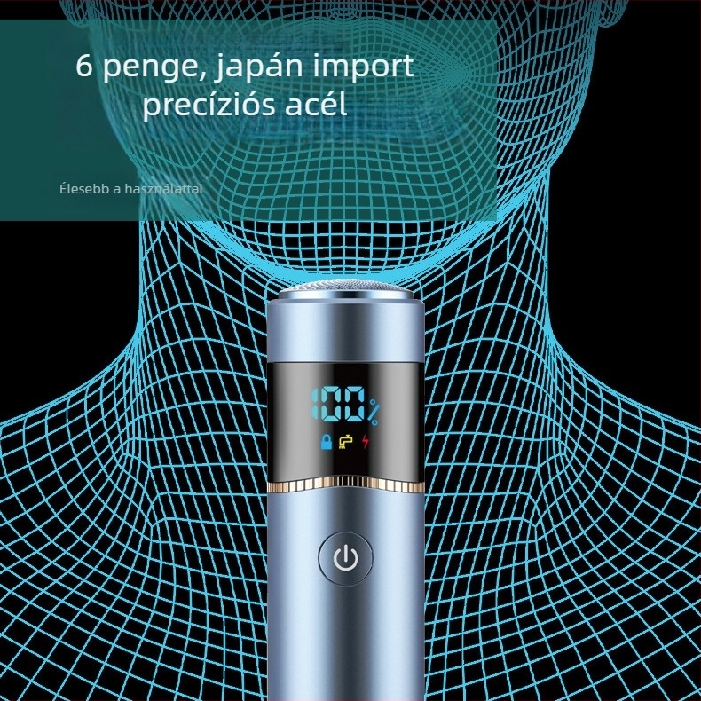 Elektromos borotva forgó fejjel, vízálló, beépített 1200–2000mAh akkumulátor, üzemidő 60 perc felett, 1 órás töltés, alumíniumötvözet burkolat