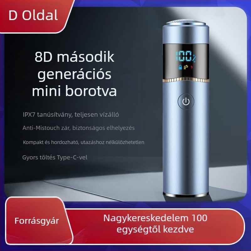 Elektromos borotva forgó fejjel, vízálló, beépített 1200–2000mAh akkumulátor, üzemidő 60 perc felett, 1 órás töltés, alumíniumötvözet burkolat