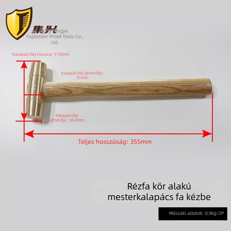 Sárgaréz golyófejű kalapács fa markolattal, robbanásbiztos és szikrámentes használathoz gyúlékony környezetben