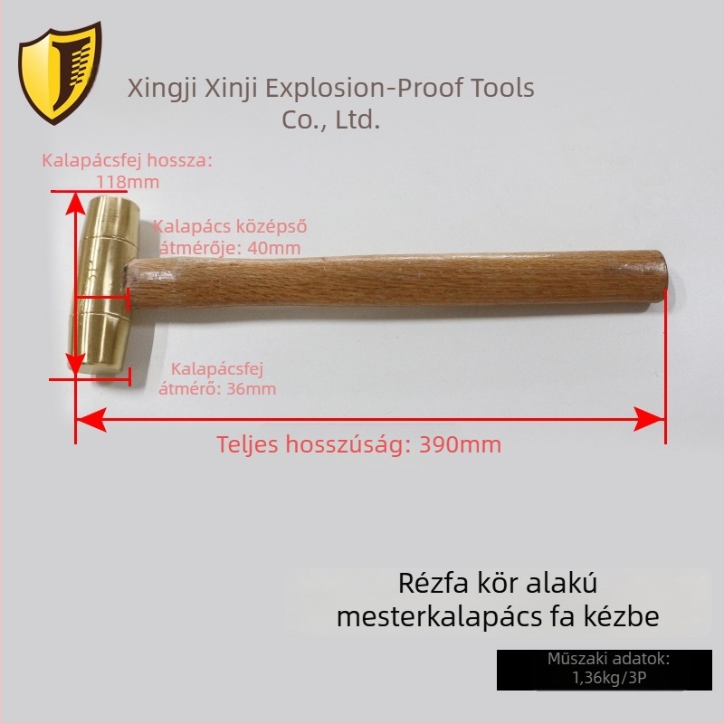 Sárgaréz golyófejű kalapács fa markolattal, robbanásbiztos és szikrámentes használathoz gyúlékony környezetben