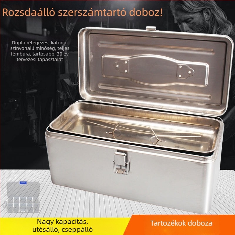 Rozsdamentes acél szerszámdoboz többrétegű zárási rendszerrel — hordozható tároló jelszavas/kódolt zárakkal