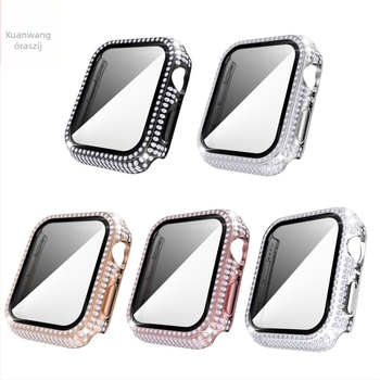 Apple Watch S8 tok PC-ből, elektroplatált felülettel és kristályokkal díszített edzett fóliával, integrált iWatch tok