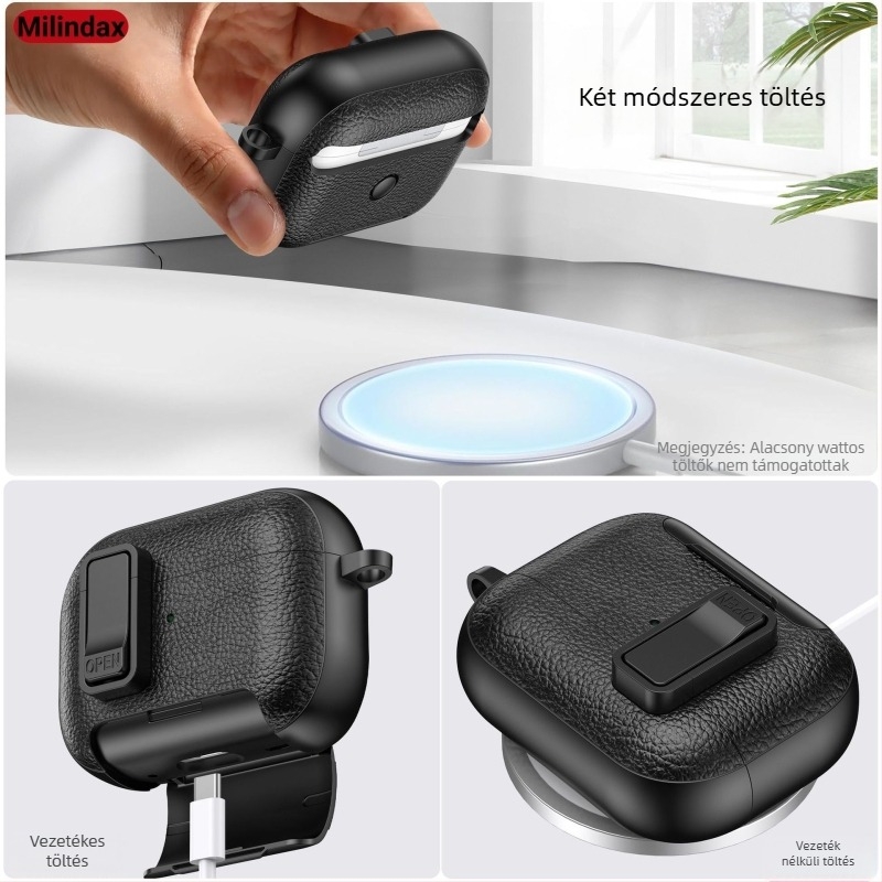 Védőtok AirPods Pro 2 és AirPods 4 számára - bőr textúrájú kivitel, polikarbonát héj, ütésálló, gravírozott dizájn