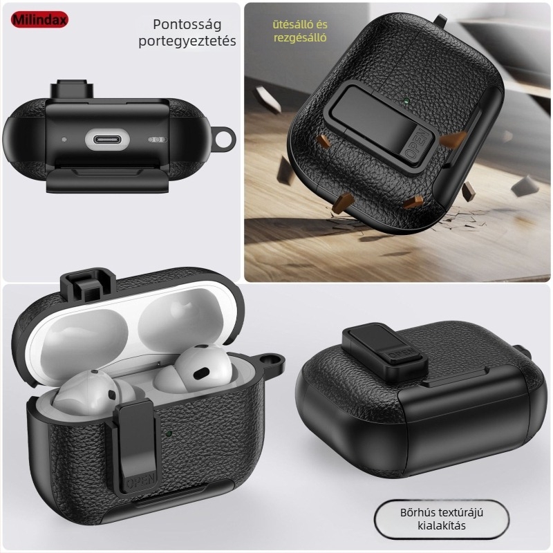 Védőtok AirPods Pro 2 és AirPods 4 számára - bőr textúrájú kivitel, polikarbonát héj, ütésálló, gravírozott dizájn