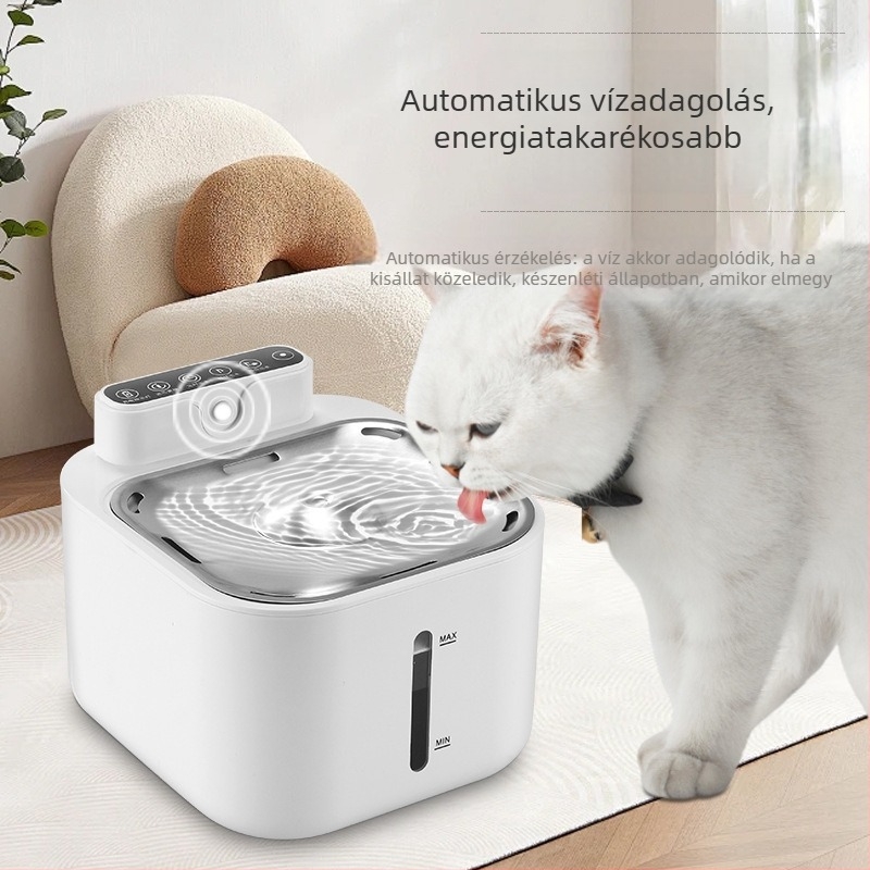 Rozsdamentes acélból készült háziállatvíz-forrás automatikus áramlással, vezeték nélküli, macska tál szűrővel
