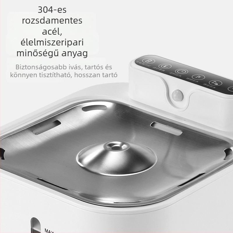 Rozsdamentes acélból készült háziállatvíz-forrás automatikus áramlással, vezeték nélküli, macska tál szűrővel