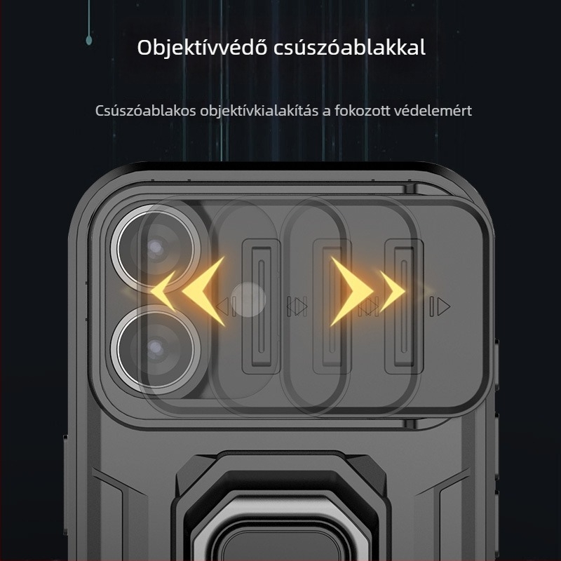 iPhone hátlapi tok állvánnyal, mágneses rögzítéssel és pormentes objektívvédővel