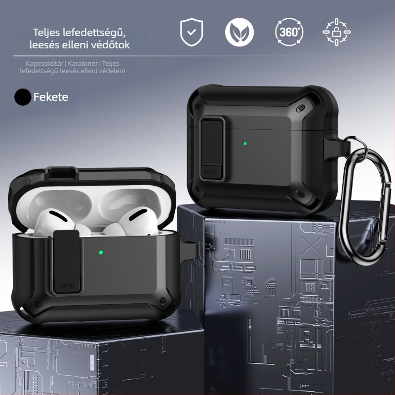 AirPods Pro 3 és AirPods 4 (2. generáció) védőtok zárómechanizmussal, leesés elleni TPU burkolat