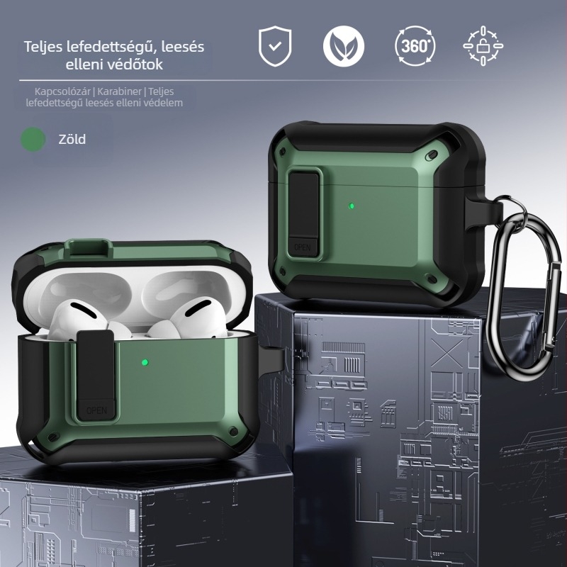 AirPods Pro 3 és AirPods 4 (2. generáció) védőtok zárómechanizmussal, leesés elleni TPU burkolat