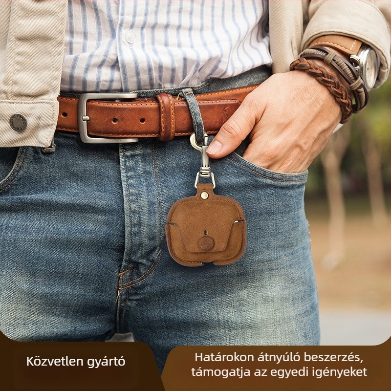 AirPods 3-hoz készült bőrtok akasztóval, kézzel készített, ütésálló