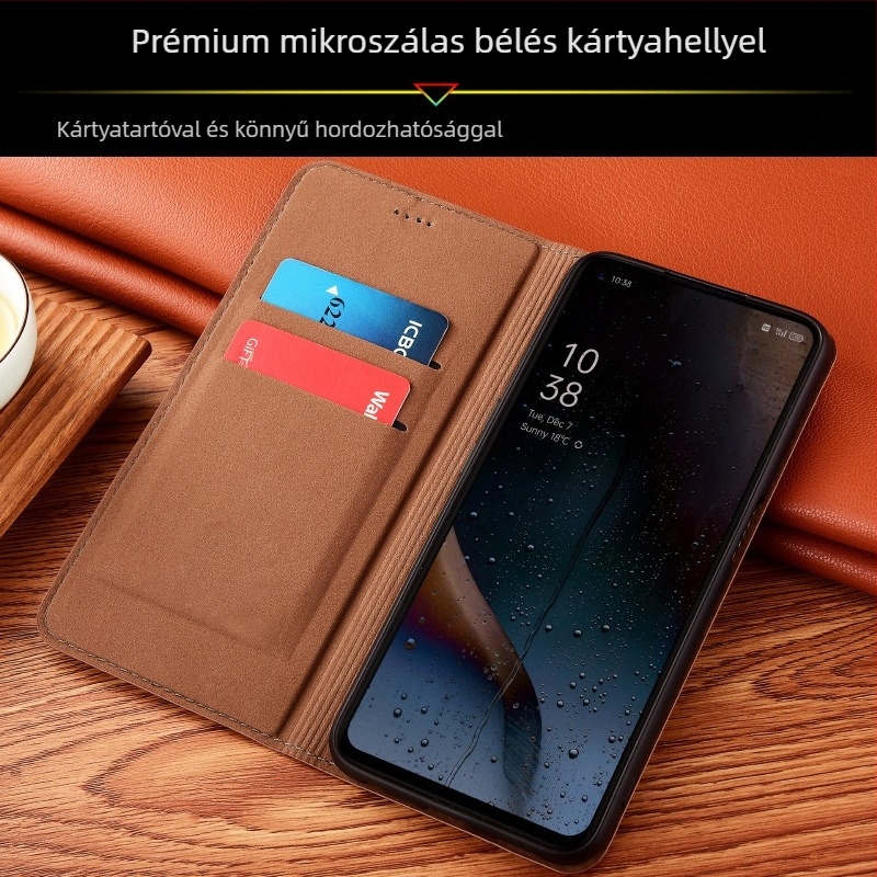 Huawei Enjoy sorozathoz való bőr flip tok - valódi bőr, dombornyomott díszítés, állvány funkció, mágneses vonzás, leesés elleni védelem