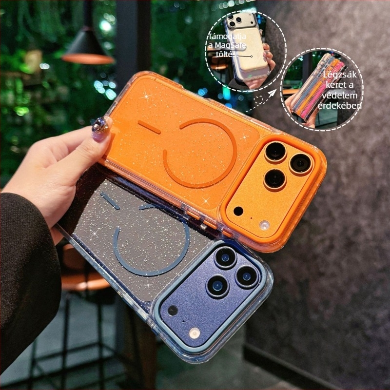 iPhonehoz készült hátlap két tónusú glitterrel, mágneses gyűrűvel és ütésálló védőtok