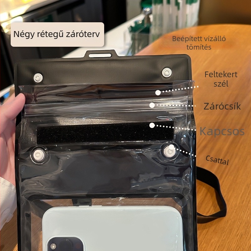 Vízálló mobiltelefon-táska érintőképernyővel, nagy kapacitású, PVC anyagú, forrópréses kivitelezés, úszáshoz alkalmas.