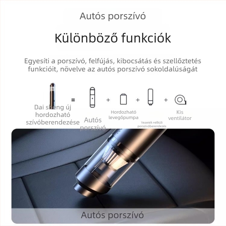 Dai Sheng hordozható autóporszívó, 90W, 9000Pa, újratölthető, 111-240V