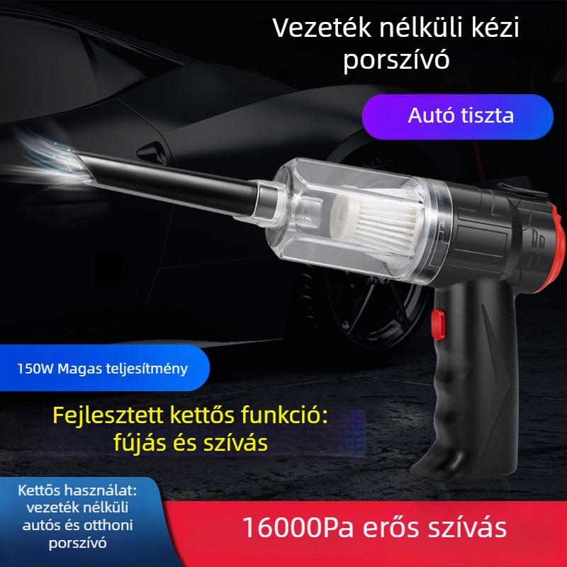 Autó mini porszívó, vezeték nélkül, feltölthető, kettős használatú otthonra és autóra; szívóerő 16000Pa; feszültség 8.4V; bemeneti teljesítmény 150W