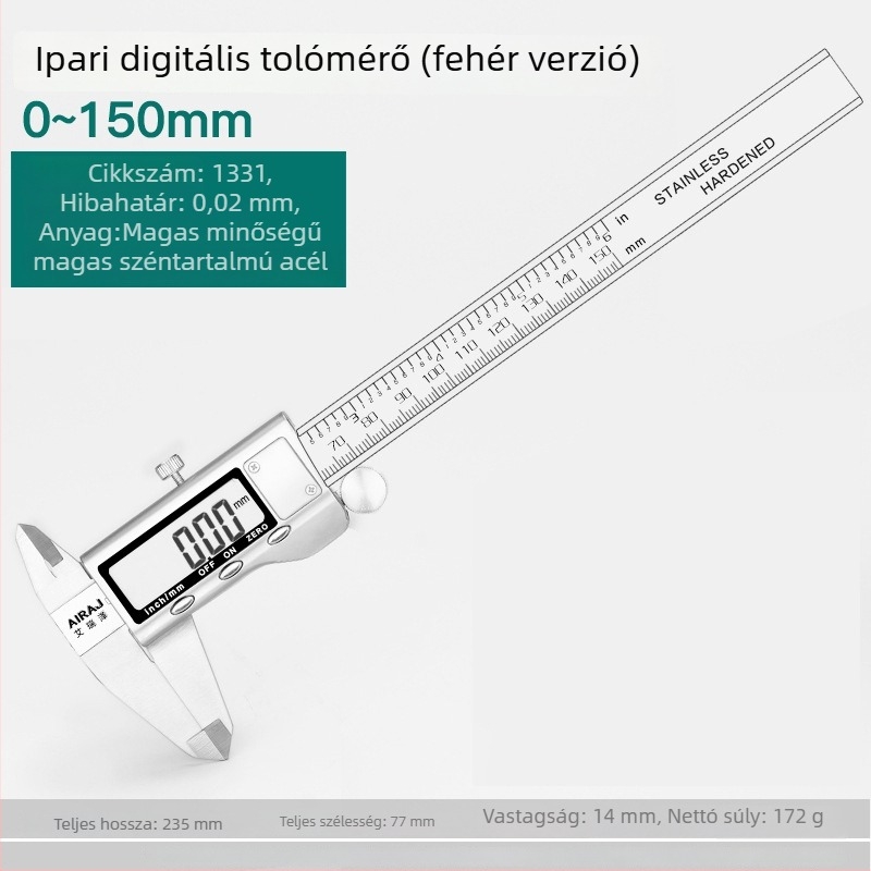 Erize digitális tolómérő, ipari minőségű rozsdamentes acél, magas pontosságú elektronikus tolómérő