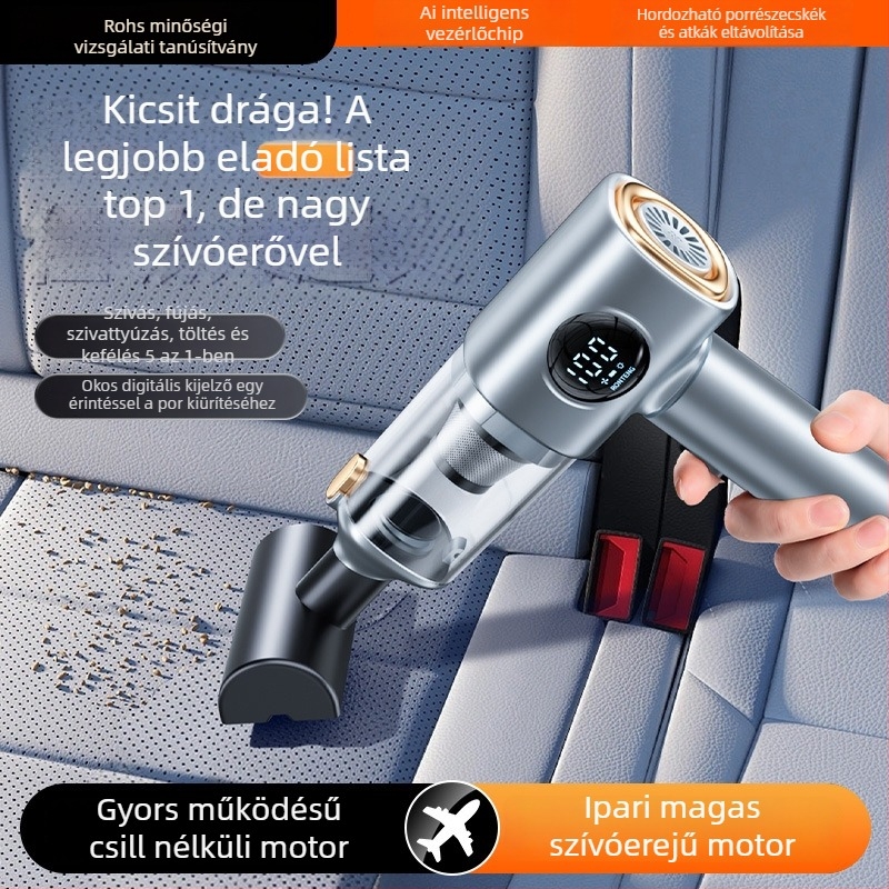 Vezeték nélküli kézi porszívó autóhoz és otthonhoz digitális kijelzővel – 5 az 1-ben, erős szívóerő (4100-5000 Pa, 120 W, beépített akkumulátor 1601-2000 mAh, zaj 46-70 dB)