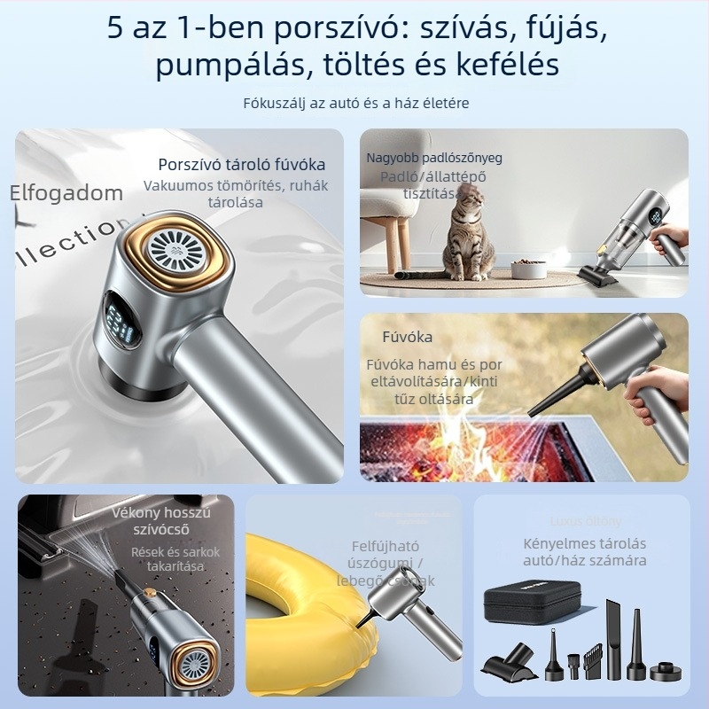 Vezeték nélküli kézi porszívó autóhoz és otthonhoz digitális kijelzővel – 5 az 1-ben, erős szívóerő (4100-5000 Pa, 120 W, beépített akkumulátor 1601-2000 mAh, zaj 46-70 dB)