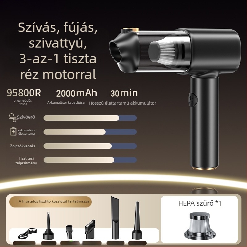 Vezeték nélküli kézi porszívó autóhoz és otthonhoz digitális kijelzővel – 5 az 1-ben, erős szívóerő (4100-5000 Pa, 120 W, beépített akkumulátor 1601-2000 mAh, zaj 46-70 dB)