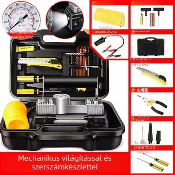 Autóba szánt levegőpumpa, dupla hengeres, 12V/24V, 120W, 5 m tömlő, nyomásmérő