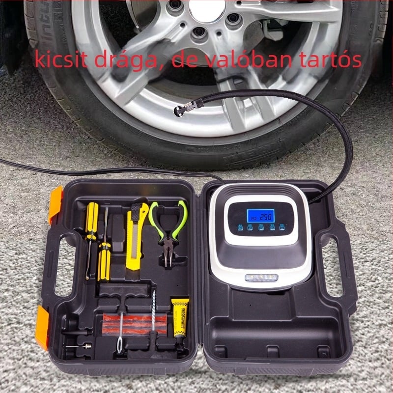 12V autós gumipumpa digitális kijelzővel, hordozható mini levegőpumpa, 60 L/min, 120W, 3.5 m hosszú kábel