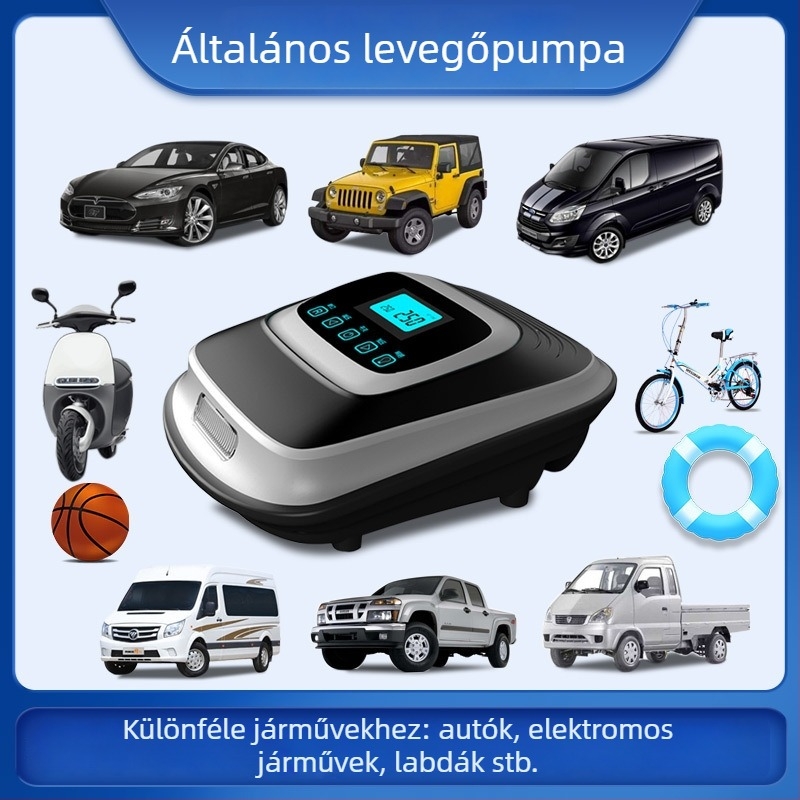 12V autós gumipumpa digitális kijelzővel, hordozható mini levegőpumpa, 60 L/min, 120W, 3.5 m hosszú kábel